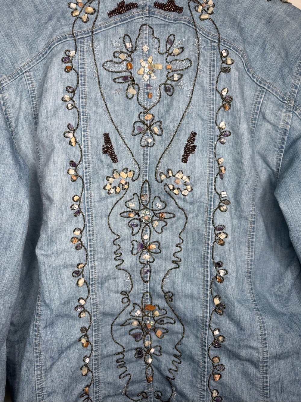 Chico's Light Blue Embroidered Denim Jacket with gemstones and bead stitching - Picture 3 of 6